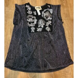 Savanna Jane Womens Floral Embroidered Shimmer Sparkle Top Size Small Gray‎